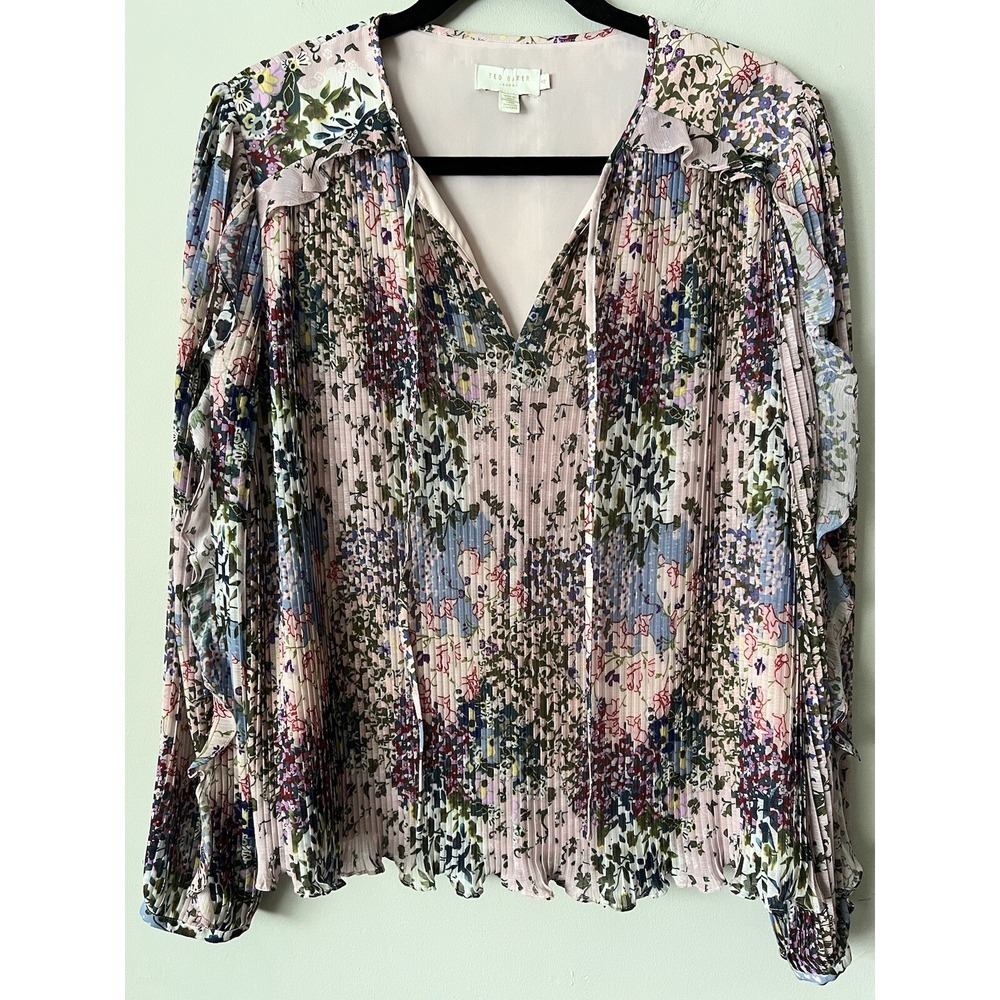 Ted Baker London Kaylahn Ditsy Accordion Pleat Blouse Pink Floral Size 4 US 10